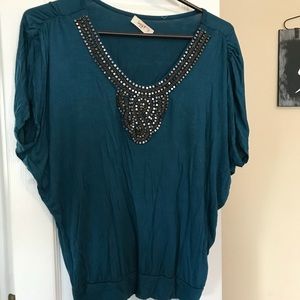 Size small green/ teal bejeweled gathered blouse